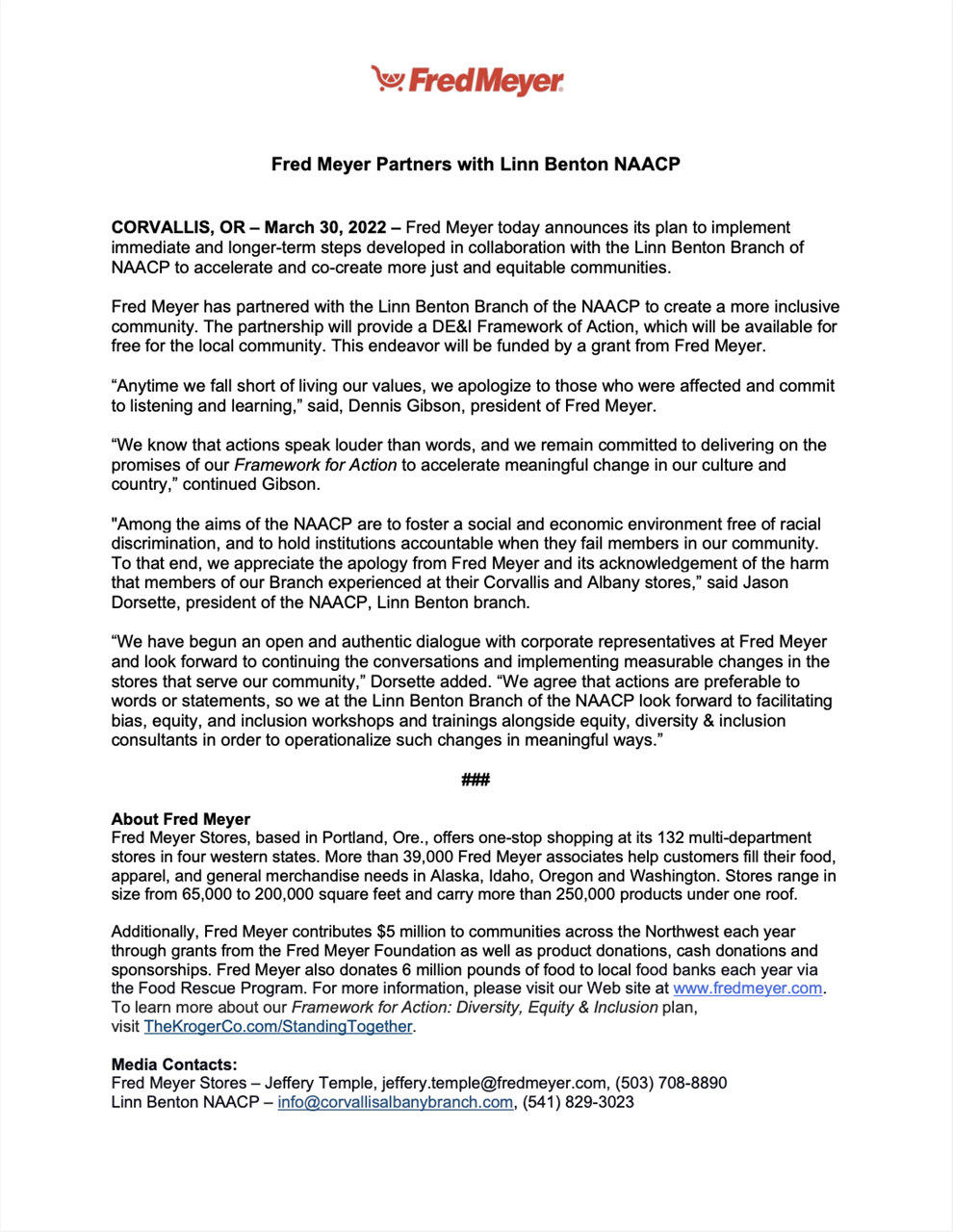 Press Release text from Fred Meyer RE: Partnership with NAACP